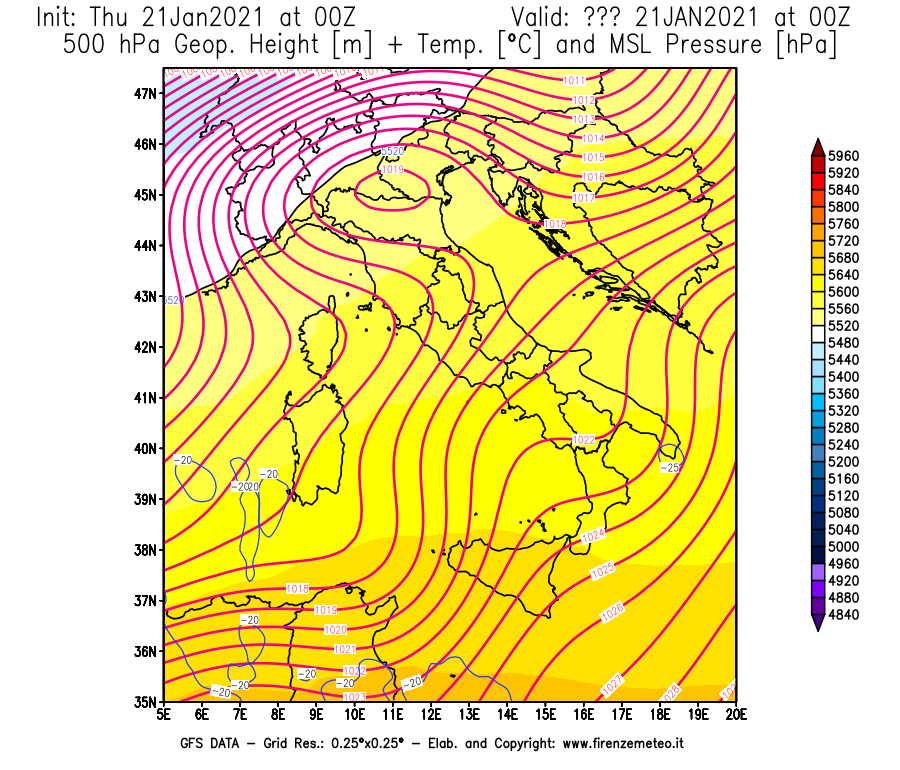 Mappa di analisi GFS - Geopotenziale [m] + Temp. [°C] a 500 hPa + Press. a livello del mare [hPa] in Italia
							del 21/01/2021 00 <!--googleoff: index-->UTC<!--googleon: index-->