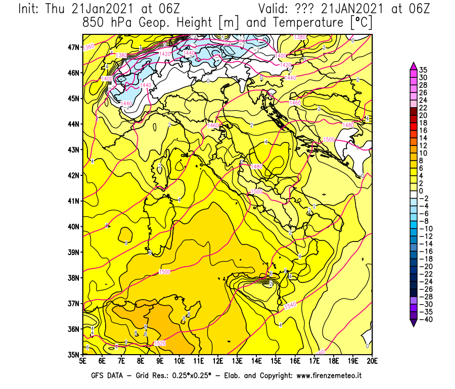 Mappa di analisi GFS - Geopotenziale [m] e Temperatura [°C] a 850 hPa in Italia
							del 21/01/2021 06 <!--googleoff: index-->UTC<!--googleon: index-->