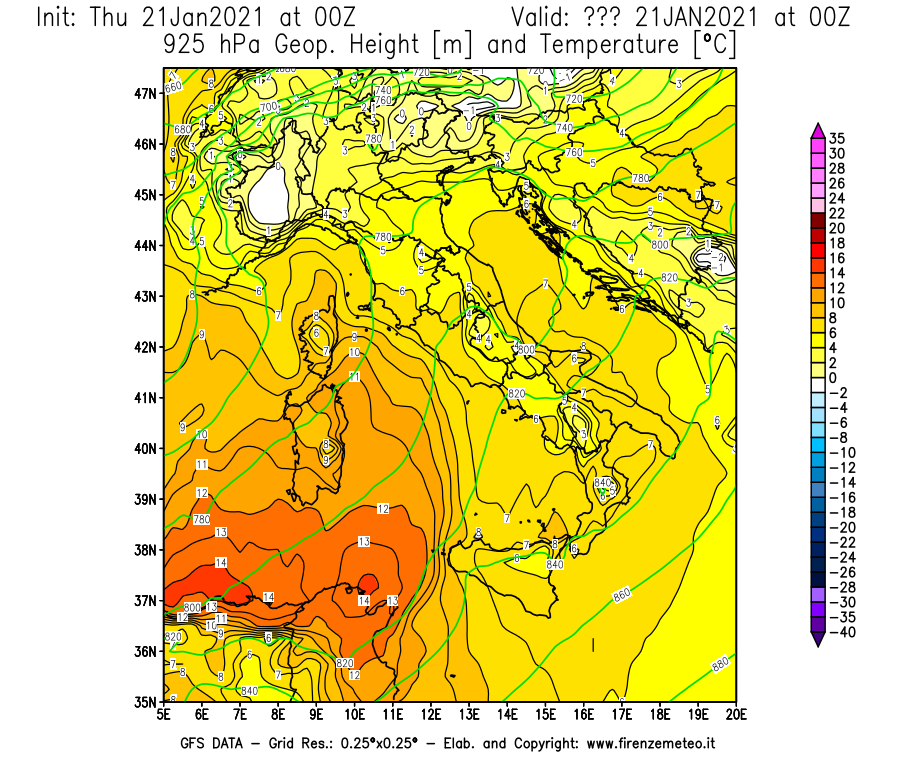Mappa di analisi GFS - Geopotenziale [m] e Temperatura [°C] a 925 hPa in Italia
							del 21/01/2021 00 <!--googleoff: index-->UTC<!--googleon: index-->