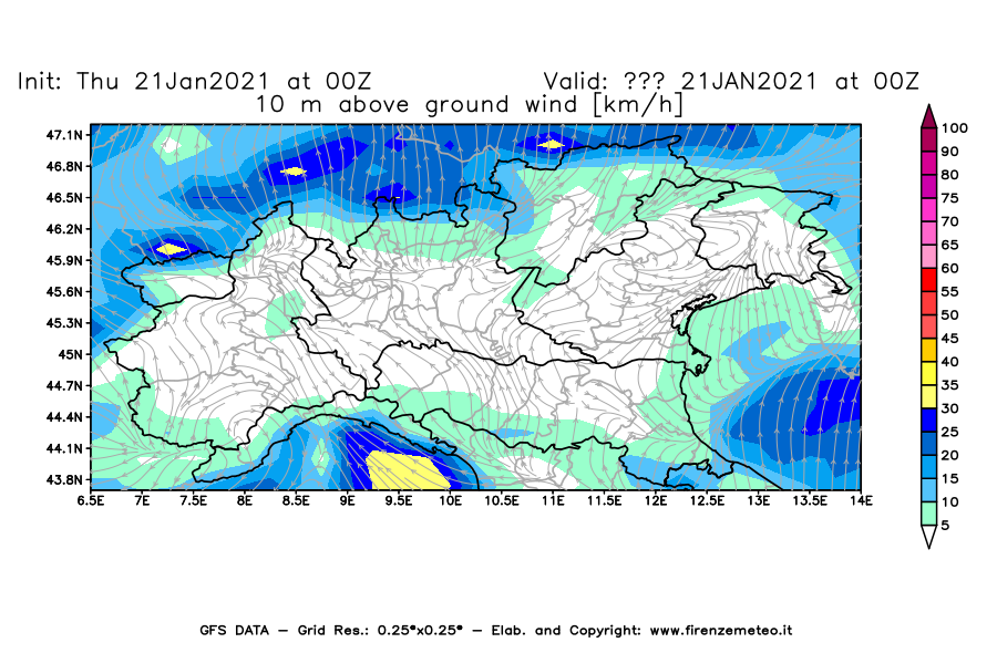 Mappa di analisi GFS - Velocità del vento a 10 metri dal suolo [km/h] in Nord-Italia
							del 21/01/2021 00 <!--googleoff: index-->UTC<!--googleon: index-->