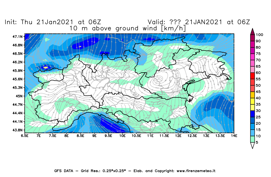 Mappa di analisi GFS - Velocità del vento a 10 metri dal suolo [km/h] in Nord-Italia
							del 21/01/2021 06 <!--googleoff: index-->UTC<!--googleon: index-->