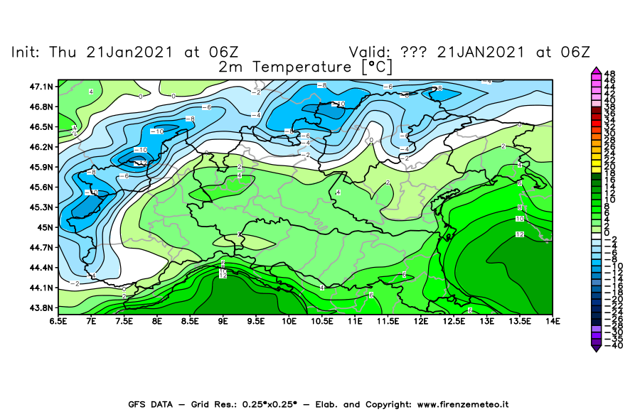 Mappa di analisi GFS - Temperatura a 2 metri dal suolo [°C] in Nord-Italia
							del 21/01/2021 06 <!--googleoff: index-->UTC<!--googleon: index-->