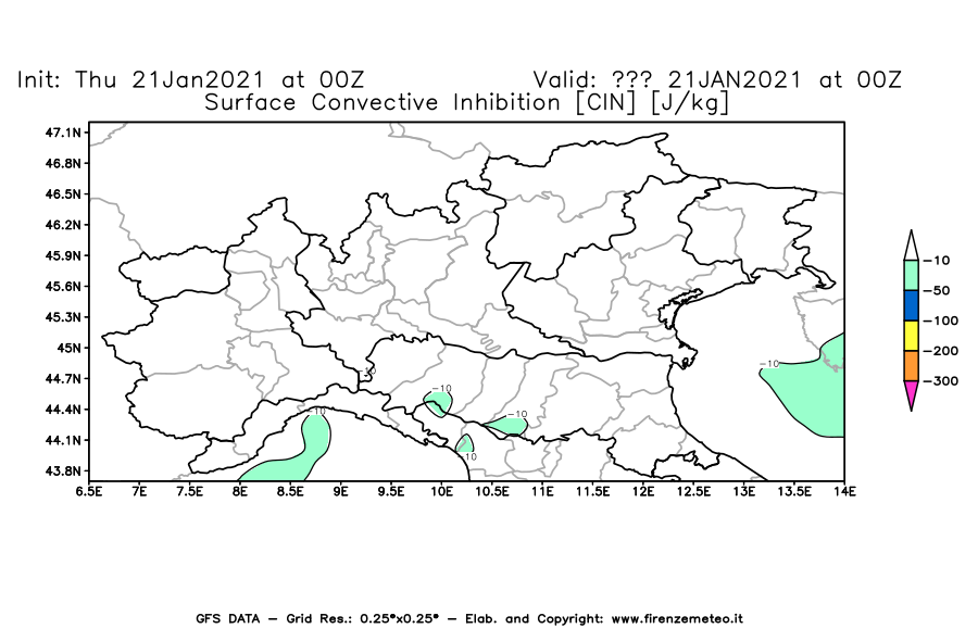 Mappa di analisi GFS - CIN [J/kg] in Nord-Italia
							del 21/01/2021 00 <!--googleoff: index-->UTC<!--googleon: index-->