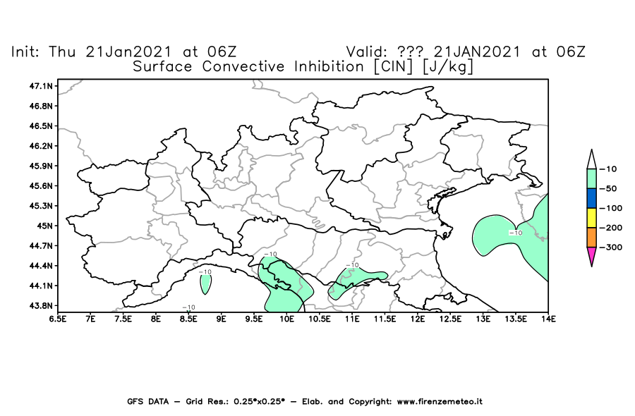Mappa di analisi GFS - CIN [J/kg] in Nord-Italia
							del 21/01/2021 06 <!--googleoff: index-->UTC<!--googleon: index-->