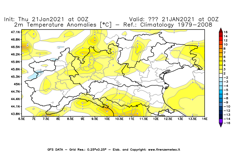 Mappa di analisi GFS - Anomalia Temperatura [°C] a 2 m in Nord-Italia
							del 21/01/2021 00 <!--googleoff: index-->UTC<!--googleon: index-->