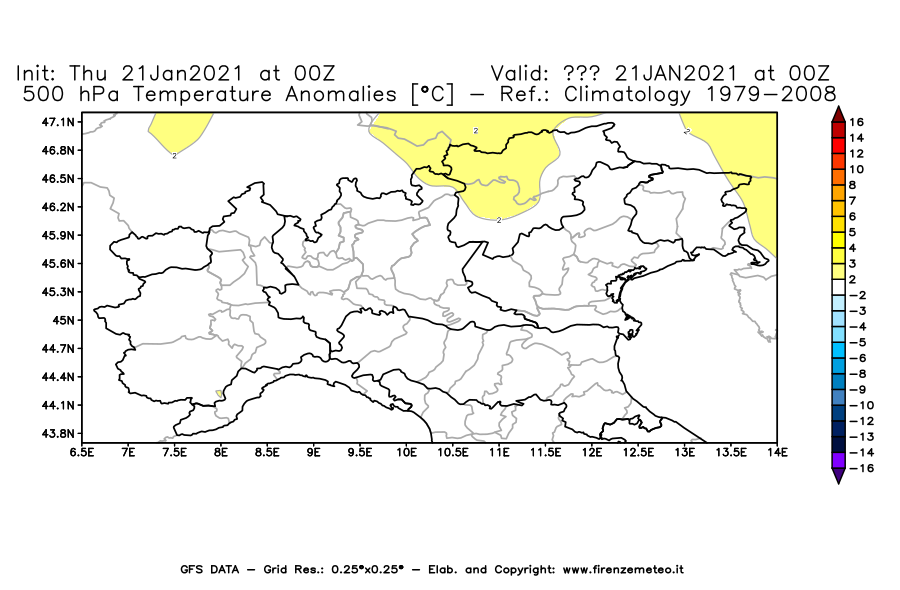 Mappa di analisi GFS - Anomalia Temperatura [°C] a 500 hPa in Nord-Italia
							del 21/01/2021 00 <!--googleoff: index-->UTC<!--googleon: index-->