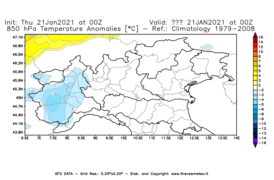 Mappa di analisi GFS - Anomalia Temperatura [°C] a 850 hPa in Nord-Italia
							del 21/01/2021 00 <!--googleoff: index-->UTC<!--googleon: index-->