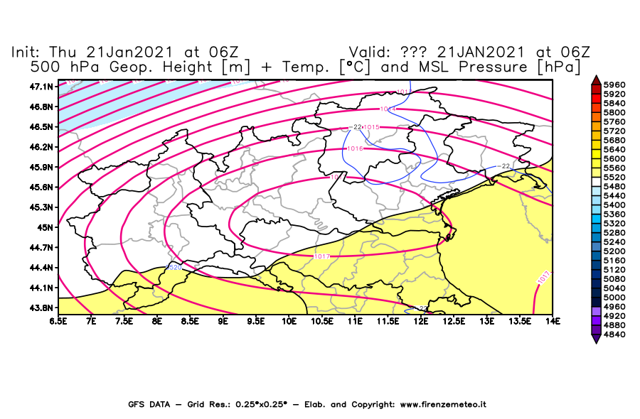 Mappa di analisi GFS - Geopotenziale [m] + Temp. [°C] a 500 hPa + Press. a livello del mare [hPa] in Nord-Italia
							del 21/01/2021 06 <!--googleoff: index-->UTC<!--googleon: index-->