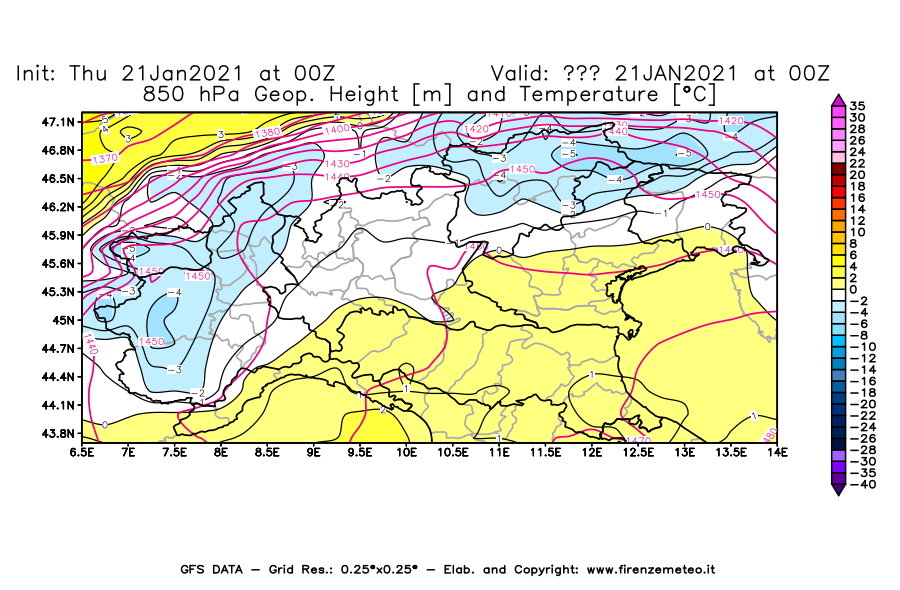 Mappa di analisi GFS - Geopotenziale [m] e Temperatura [°C] a 850 hPa in Nord-Italia
							del 21/01/2021 00 <!--googleoff: index-->UTC<!--googleon: index-->