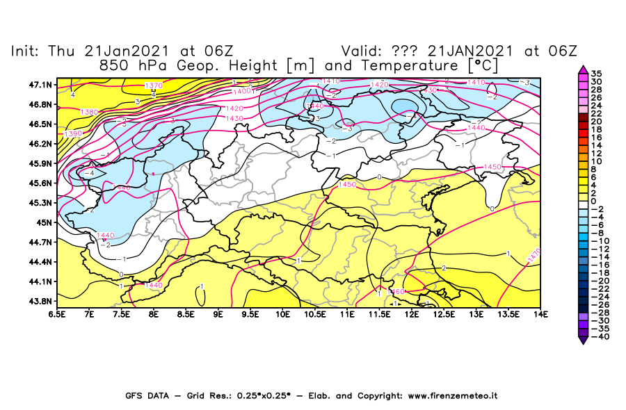 Mappa di analisi GFS - Geopotenziale [m] e Temperatura [°C] a 850 hPa in Nord-Italia
							del 21/01/2021 06 <!--googleoff: index-->UTC<!--googleon: index-->