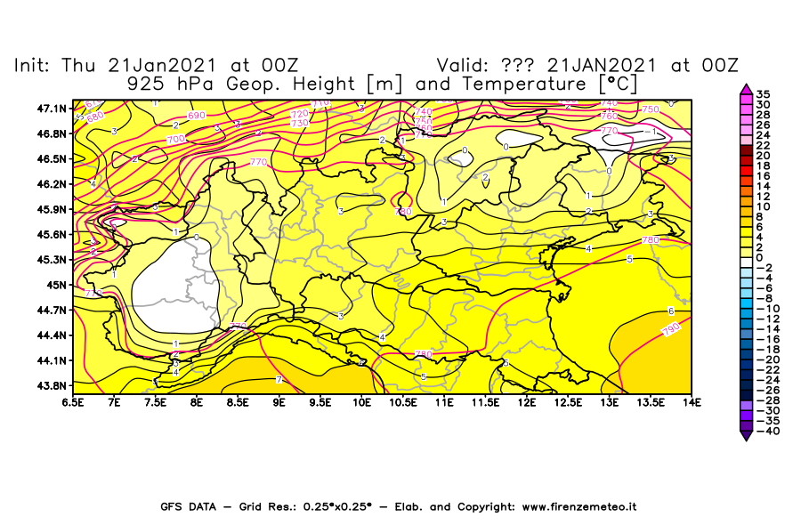 Mappa di analisi GFS - Geopotenziale [m] e Temperatura [°C] a 925 hPa in Nord-Italia
							del 21/01/2021 00 <!--googleoff: index-->UTC<!--googleon: index-->