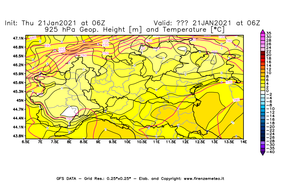 Mappa di analisi GFS - Geopotenziale [m] e Temperatura [°C] a 925 hPa in Nord-Italia
							del 21/01/2021 06 <!--googleoff: index-->UTC<!--googleon: index-->