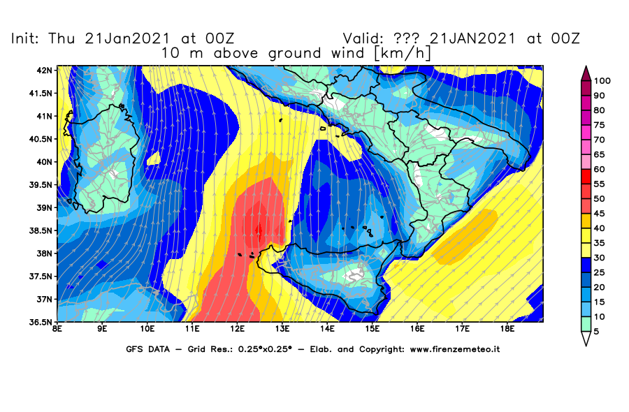 Mappa di analisi GFS - Velocità del vento a 10 metri dal suolo [km/h] in Sud-Italia
							del 21/01/2021 00 <!--googleoff: index-->UTC<!--googleon: index-->