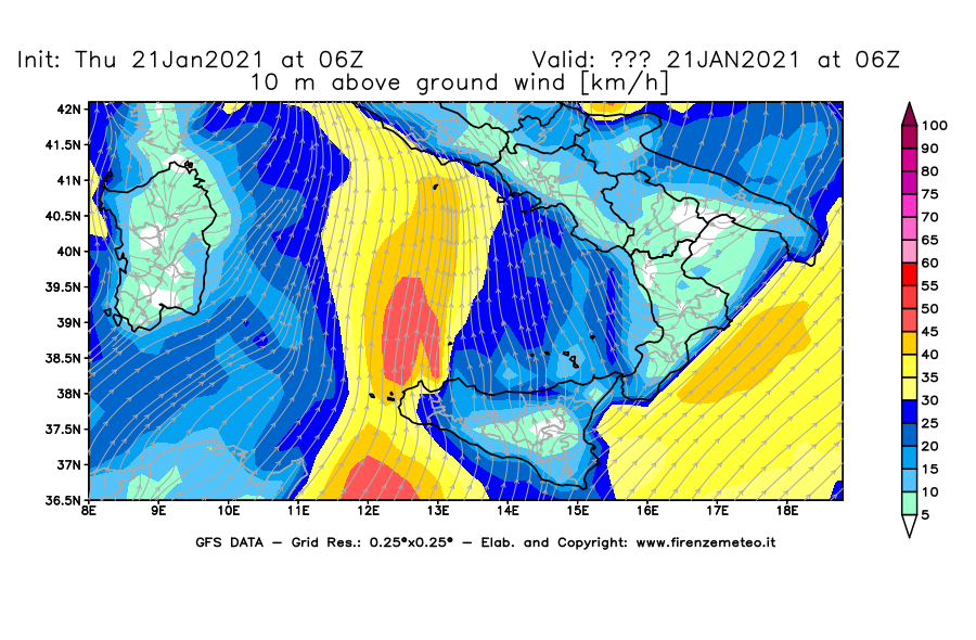 Mappa di analisi GFS - Velocità del vento a 10 metri dal suolo [km/h] in Sud-Italia
							del 21/01/2021 06 <!--googleoff: index-->UTC<!--googleon: index-->