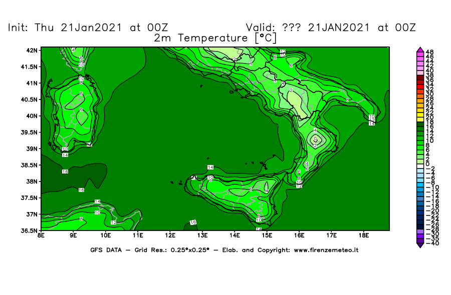 Mappa di analisi GFS - Temperatura a 2 metri dal suolo [°C] in Sud-Italia
							del 21/01/2021 00 <!--googleoff: index-->UTC<!--googleon: index-->