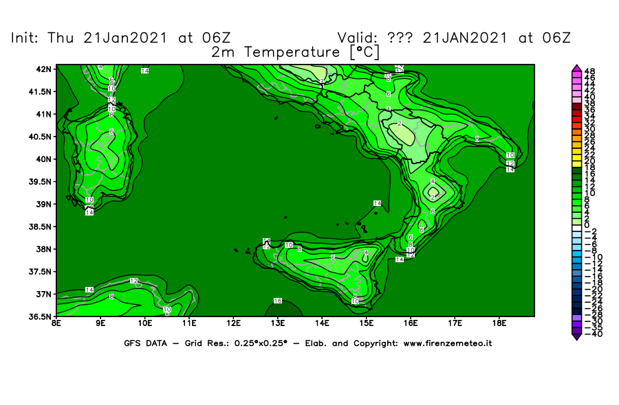 Mappa di analisi GFS - Temperatura a 2 metri dal suolo [°C] in Sud-Italia
							del 21/01/2021 06 <!--googleoff: index-->UTC<!--googleon: index-->