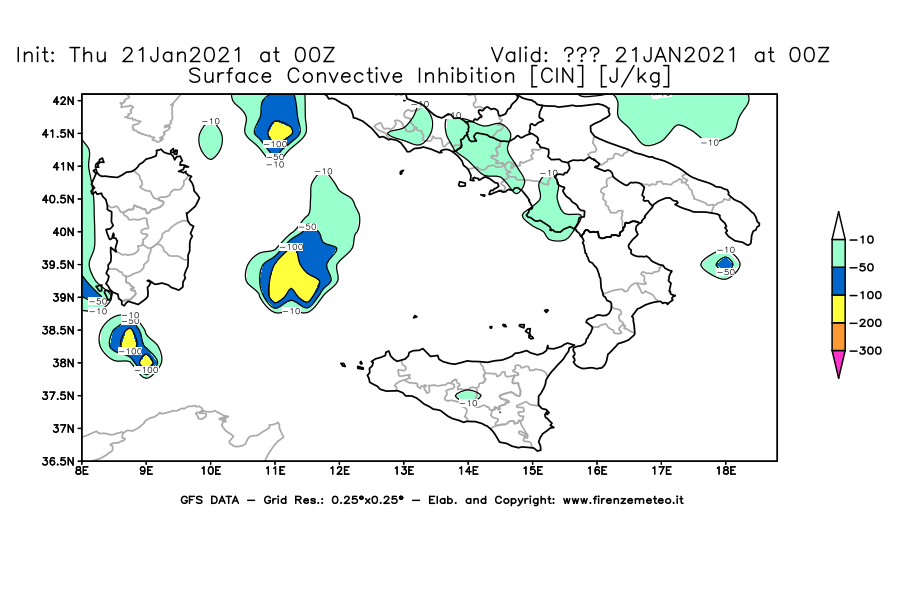 Mappa di analisi GFS - CIN [J/kg] in Sud-Italia
							del 21/01/2021 00 <!--googleoff: index-->UTC<!--googleon: index-->