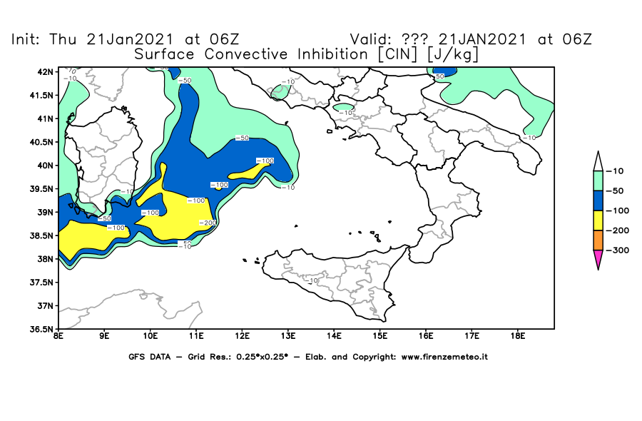 Mappa di analisi GFS - CIN [J/kg] in Sud-Italia
							del 21/01/2021 06 <!--googleoff: index-->UTC<!--googleon: index-->