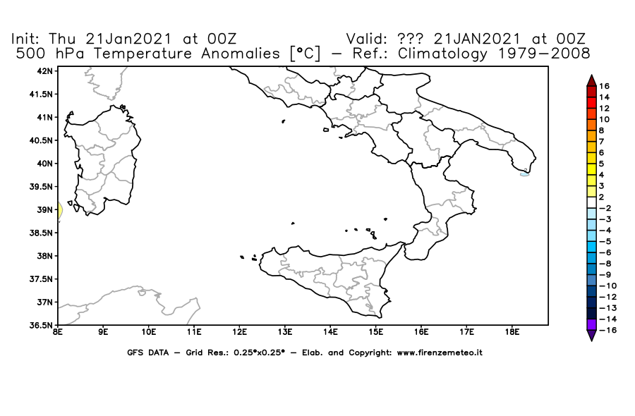 Mappa di analisi GFS - Anomalia Temperatura [°C] a 500 hPa in Sud-Italia
							del 21/01/2021 00 <!--googleoff: index-->UTC<!--googleon: index-->