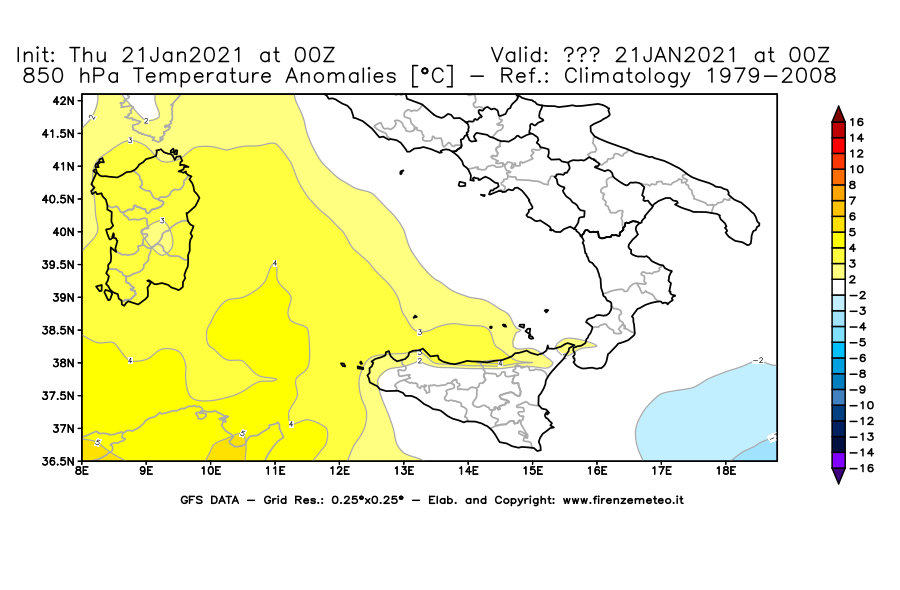 Mappa di analisi GFS - Anomalia Temperatura [°C] a 850 hPa in Sud-Italia
							del 21/01/2021 00 <!--googleoff: index-->UTC<!--googleon: index-->
