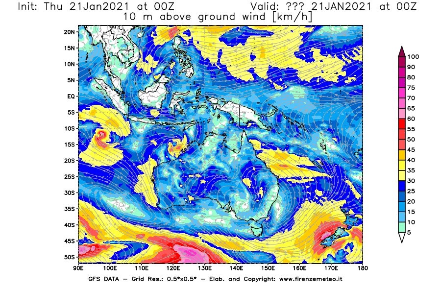 Mappa di analisi GFS - Velocità del vento a 10 metri dal suolo [km/h] in Oceania
							del 21/01/2021 00 <!--googleoff: index-->UTC<!--googleon: index-->