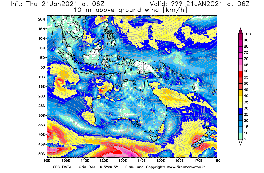 Mappa di analisi GFS - Velocità del vento a 10 metri dal suolo [km/h] in Oceania
							del 21/01/2021 06 <!--googleoff: index-->UTC<!--googleon: index-->