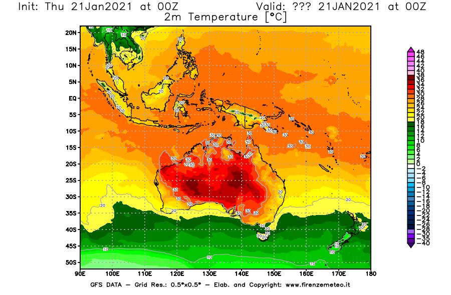 Mappa di analisi GFS - Temperatura a 2 metri dal suolo [°C] in Oceania
							del 21/01/2021 00 <!--googleoff: index-->UTC<!--googleon: index-->