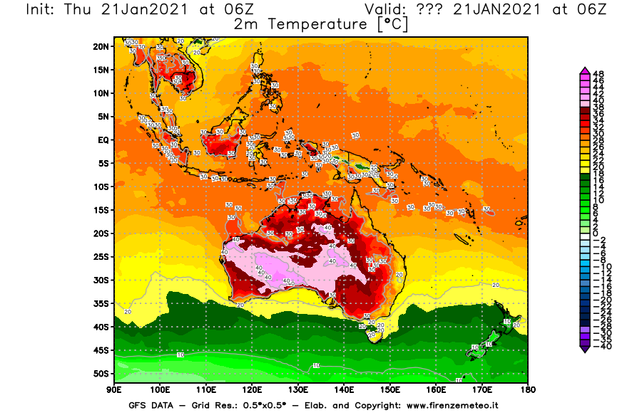 Mappa di analisi GFS - Temperatura a 2 metri dal suolo [°C] in Oceania
							del 21/01/2021 06 <!--googleoff: index-->UTC<!--googleon: index-->