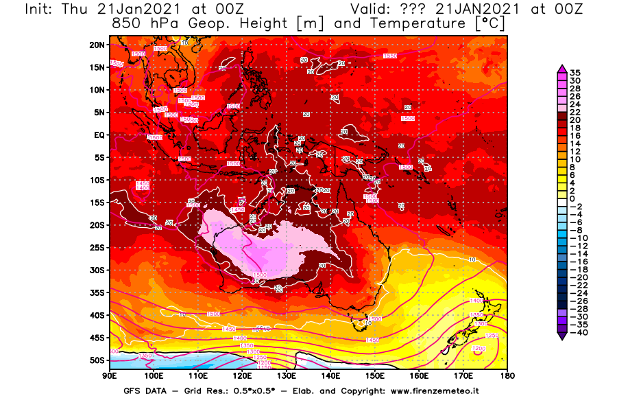 Mappa di analisi GFS - Geopotenziale [m] e Temperatura [°C] a 850 hPa in Oceania
							del 21/01/2021 00 <!--googleoff: index-->UTC<!--googleon: index-->