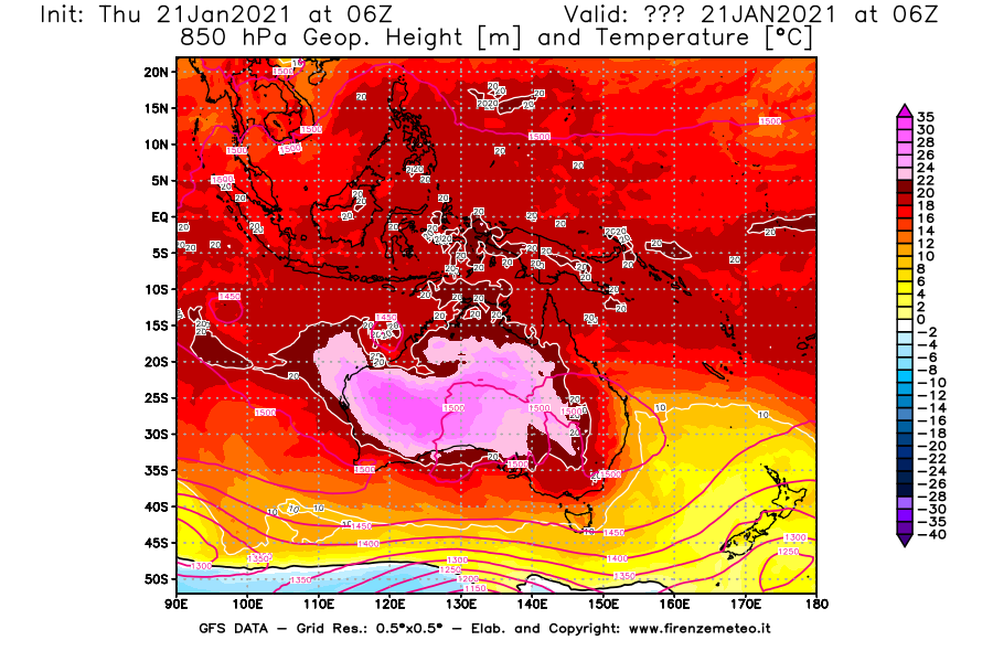 Mappa di analisi GFS - Geopotenziale [m] e Temperatura [°C] a 850 hPa in Oceania
							del 21/01/2021 06 <!--googleoff: index-->UTC<!--googleon: index-->
