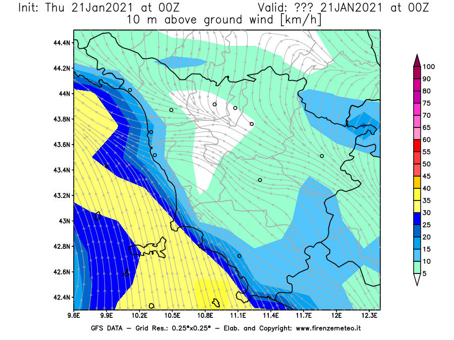 Mappa di analisi GFS - Velocità del vento a 10 metri dal suolo [km/h] in Toscana
							del 21/01/2021 00 <!--googleoff: index-->UTC<!--googleon: index-->