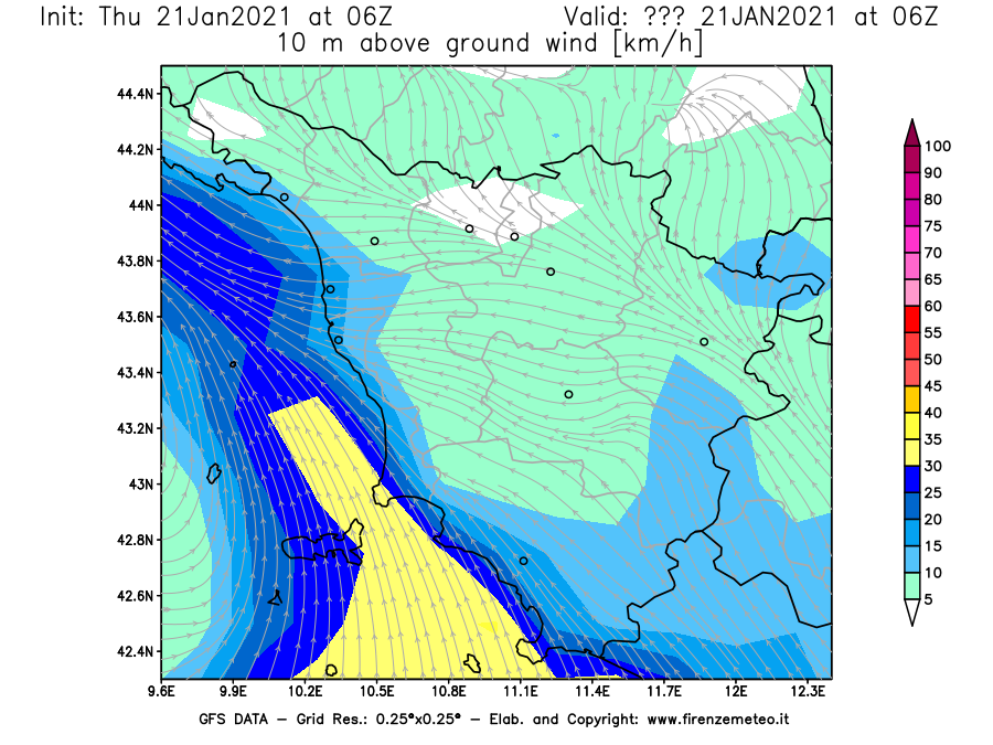 Mappa di analisi GFS - Velocità del vento a 10 metri dal suolo [km/h] in Toscana
							del 21/01/2021 06 <!--googleoff: index-->UTC<!--googleon: index-->