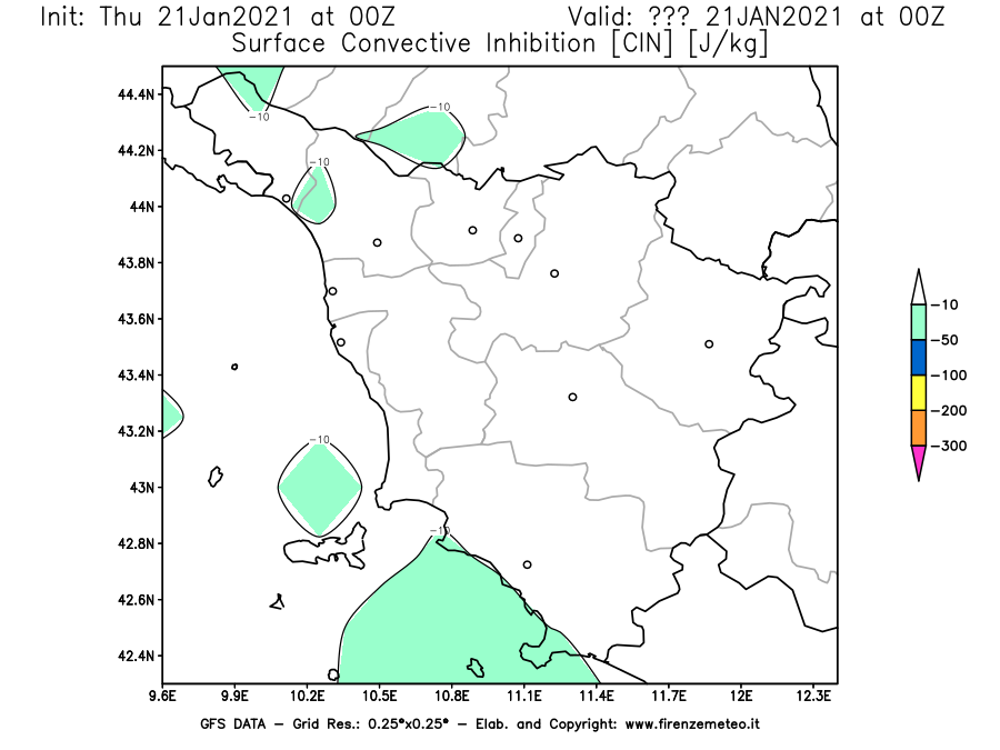 Mappa di analisi GFS - CIN [J/kg] in Toscana
							del 21/01/2021 00 <!--googleoff: index-->UTC<!--googleon: index-->