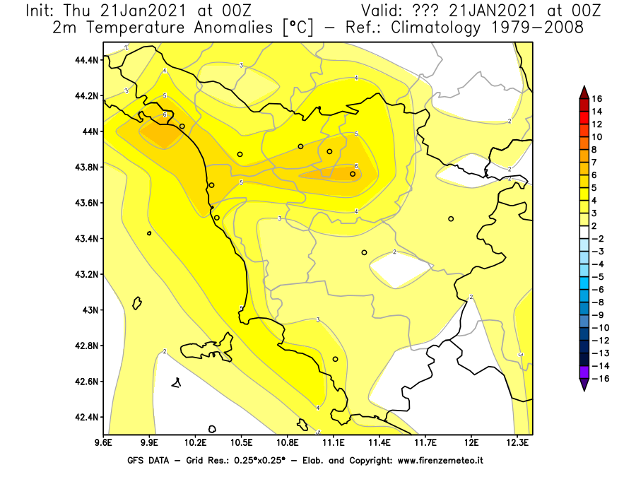 Mappa di analisi GFS - Anomalia Temperatura [°C] a 2 m in Toscana
							del 21/01/2021 00 <!--googleoff: index-->UTC<!--googleon: index-->
