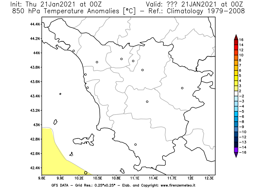 Mappa di analisi GFS - Anomalia Temperatura [°C] a 850 hPa in Toscana
							del 21/01/2021 00 <!--googleoff: index-->UTC<!--googleon: index-->