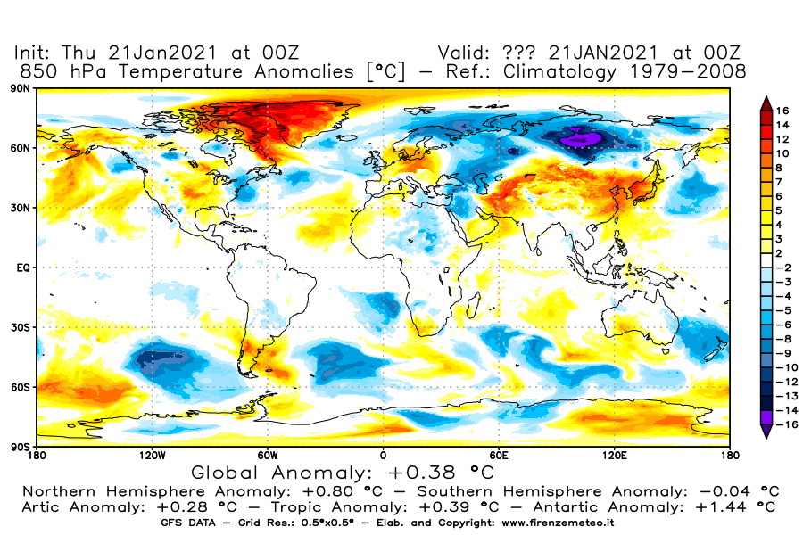 Mappa di analisi GFS - Anomalia Temperatura [°C] a 850 hPa in World
							del 21/01/2021 00 <!--googleoff: index-->UTC<!--googleon: index-->