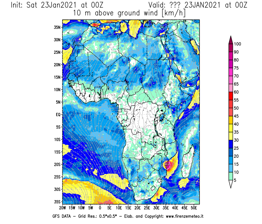 Mappa di analisi GFS - Velocità del vento a 10 metri dal suolo [km/h] in Africa
							del 23/01/2021 00 <!--googleoff: index-->UTC<!--googleon: index-->
