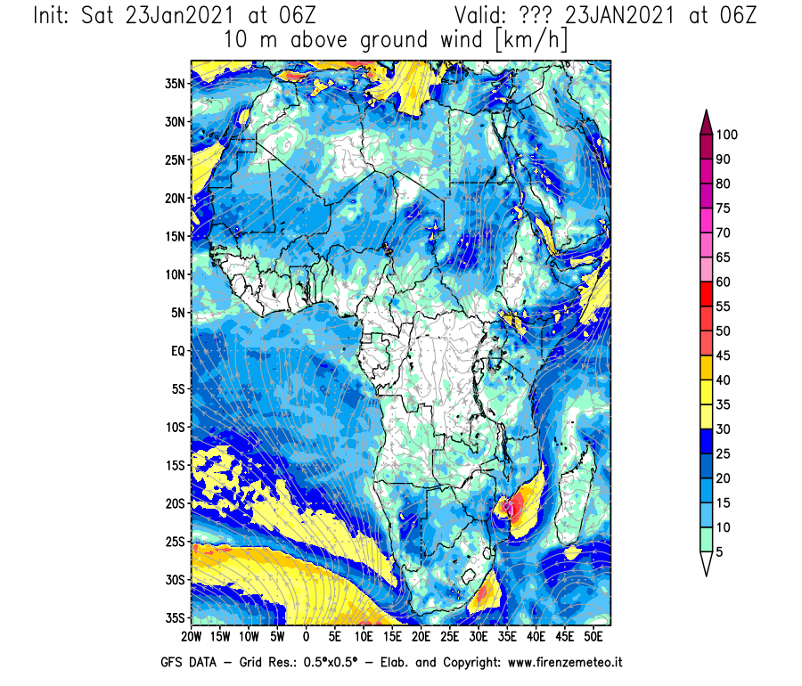 Mappa di analisi GFS - Velocità del vento a 10 metri dal suolo [km/h] in Africa
									del 23/01/2021 06 <!--googleoff: index-->UTC<!--googleon: index-->