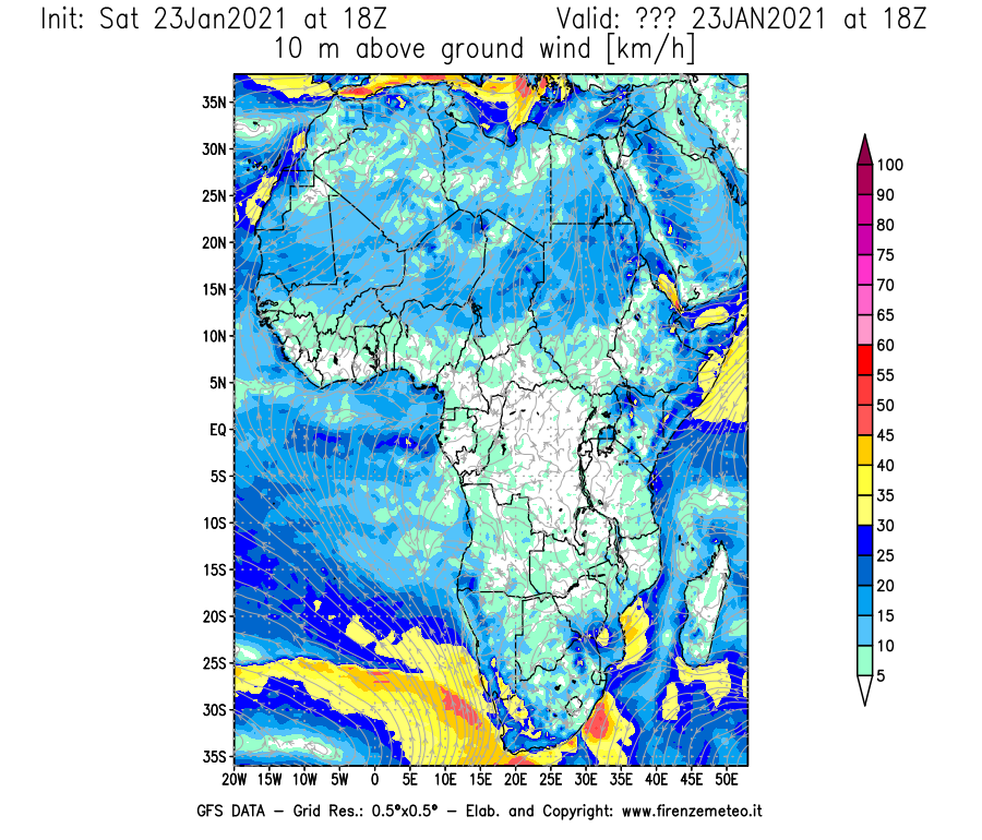 Mappa di analisi GFS - Velocità del vento a 10 metri dal suolo [km/h] in Africa
									del 23/01/2021 18 <!--googleoff: index-->UTC<!--googleon: index-->