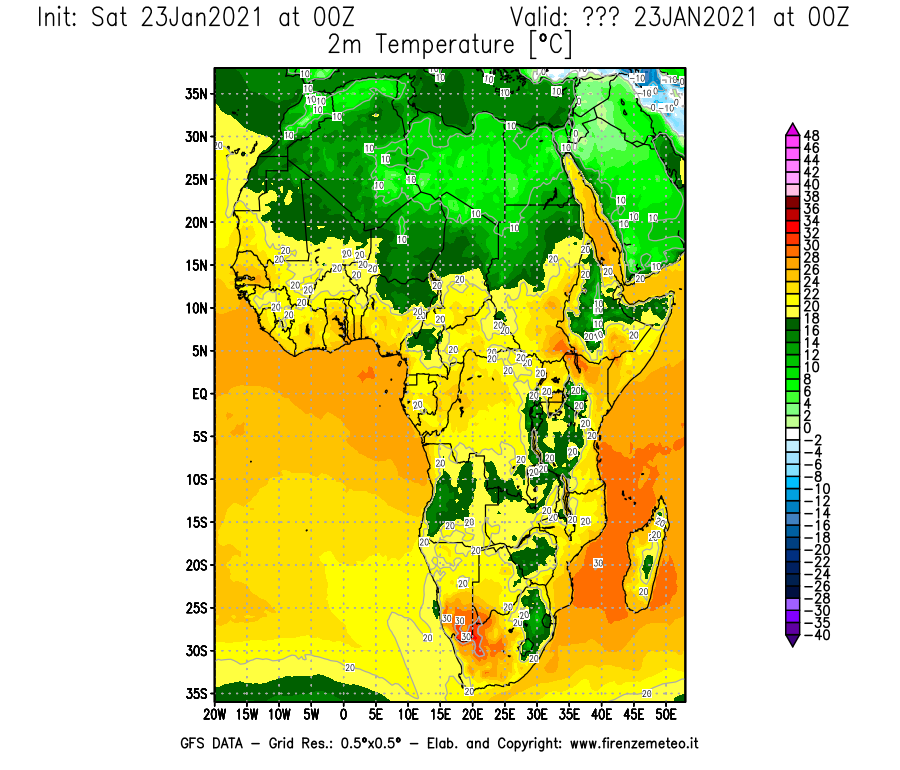 Mappa di analisi GFS - Temperatura a 2 metri dal suolo [°C] in Africa
									del 23/01/2021 00 <!--googleoff: index-->UTC<!--googleon: index-->