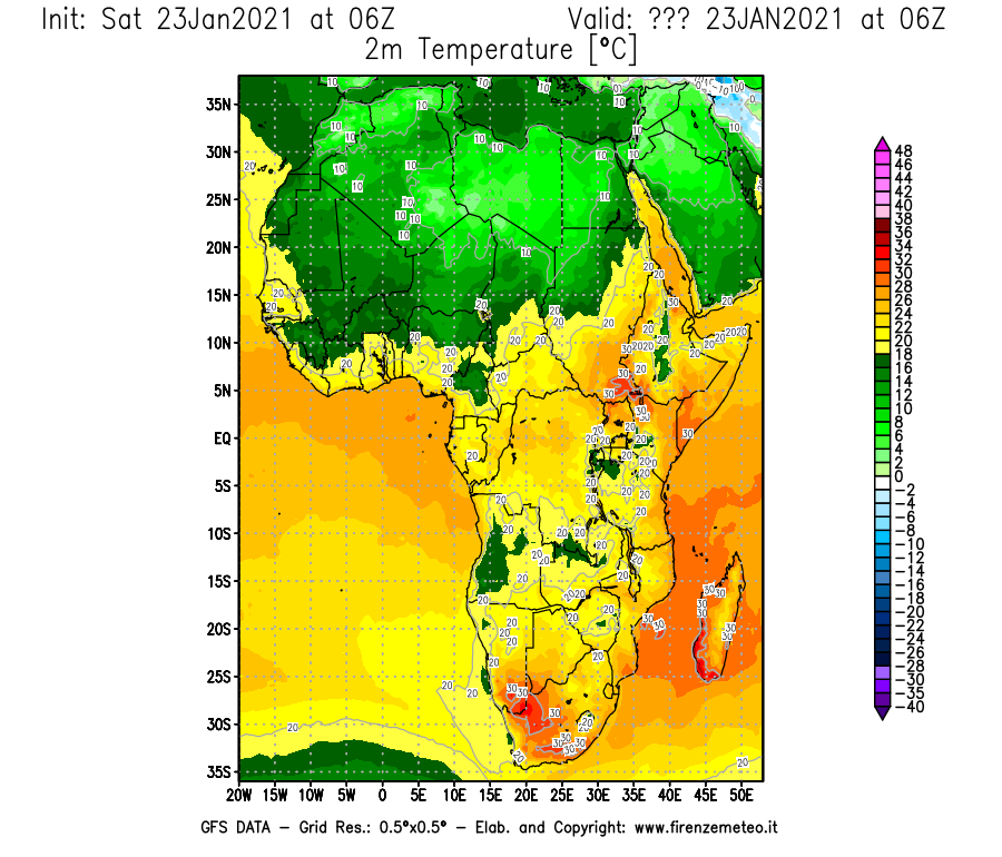 Mappa di analisi GFS - Temperatura a 2 metri dal suolo [°C] in Africa
									del 23/01/2021 06 <!--googleoff: index-->UTC<!--googleon: index-->