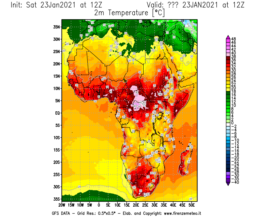 Mappa di analisi GFS - Temperatura a 2 metri dal suolo [°C] in Africa
									del 23/01/2021 12 <!--googleoff: index-->UTC<!--googleon: index-->