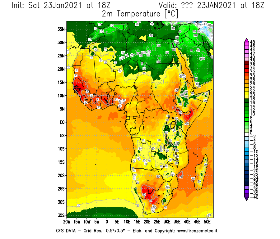 Mappa di analisi GFS - Temperatura a 2 metri dal suolo [°C] in Africa
							del 23/01/2021 18 <!--googleoff: index-->UTC<!--googleon: index-->