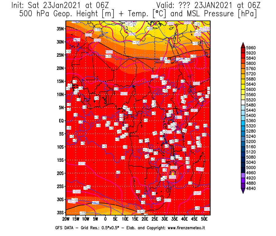 Mappa di analisi GFS - Geopotenziale [m] + Temp. [°C] a 500 hPa + Press. a livello del mare [hPa] in Africa
							del 23/01/2021 06 <!--googleoff: index-->UTC<!--googleon: index-->