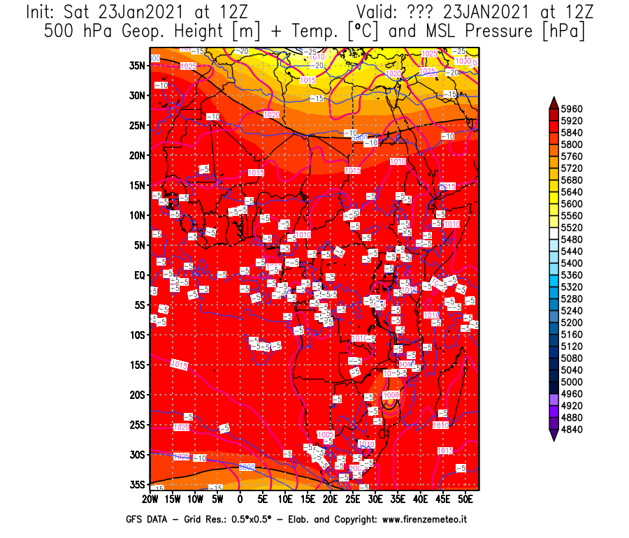 Mappa di analisi GFS - Geopotenziale [m] + Temp. [°C] a 500 hPa + Press. a livello del mare [hPa] in Africa
									del 23/01/2021 12 <!--googleoff: index-->UTC<!--googleon: index-->