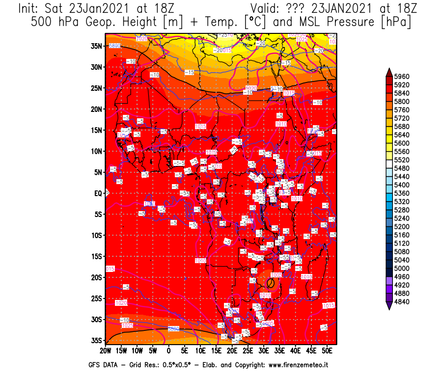 Mappa di analisi GFS - Geopotenziale [m] + Temp. [°C] a 500 hPa + Press. a livello del mare [hPa] in Africa
							del 23/01/2021 18 <!--googleoff: index-->UTC<!--googleon: index-->