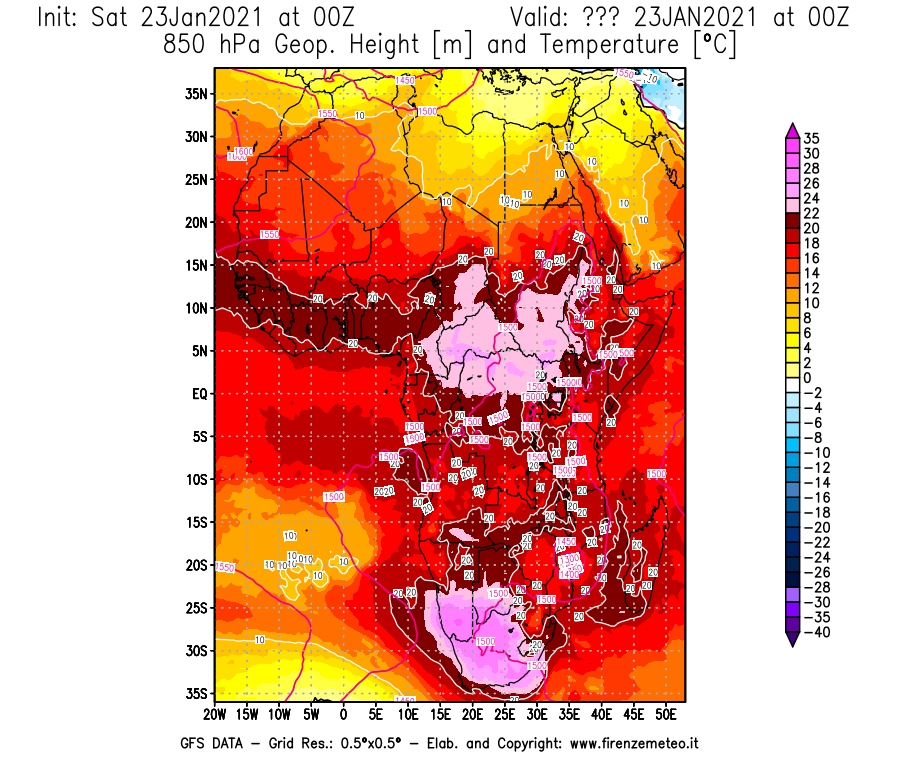 Mappa di analisi GFS - Geopotenziale [m] e Temperatura [°C] a 850 hPa in Africa
									del 23/01/2021 00 <!--googleoff: index-->UTC<!--googleon: index-->