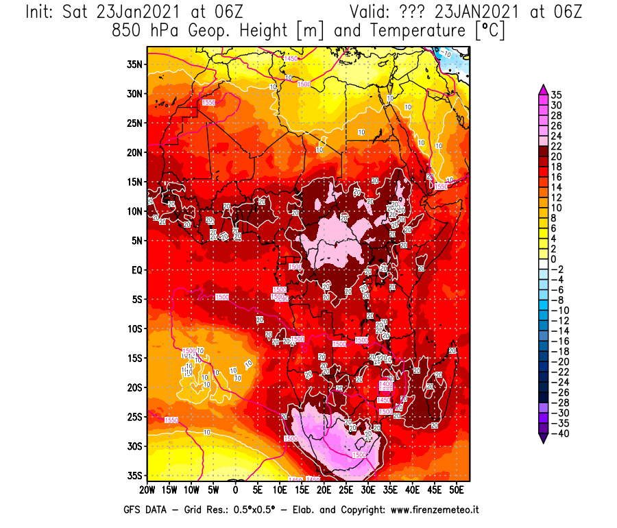 Mappa di analisi GFS - Geopotenziale [m] e Temperatura [°C] a 850 hPa in Africa
							del 23/01/2021 06 <!--googleoff: index-->UTC<!--googleon: index-->