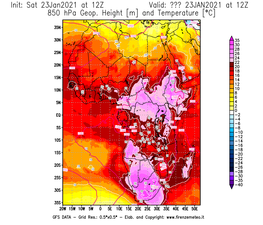 Mappa di analisi GFS - Geopotenziale [m] e Temperatura [°C] a 850 hPa in Africa
							del 23/01/2021 12 <!--googleoff: index-->UTC<!--googleon: index-->
