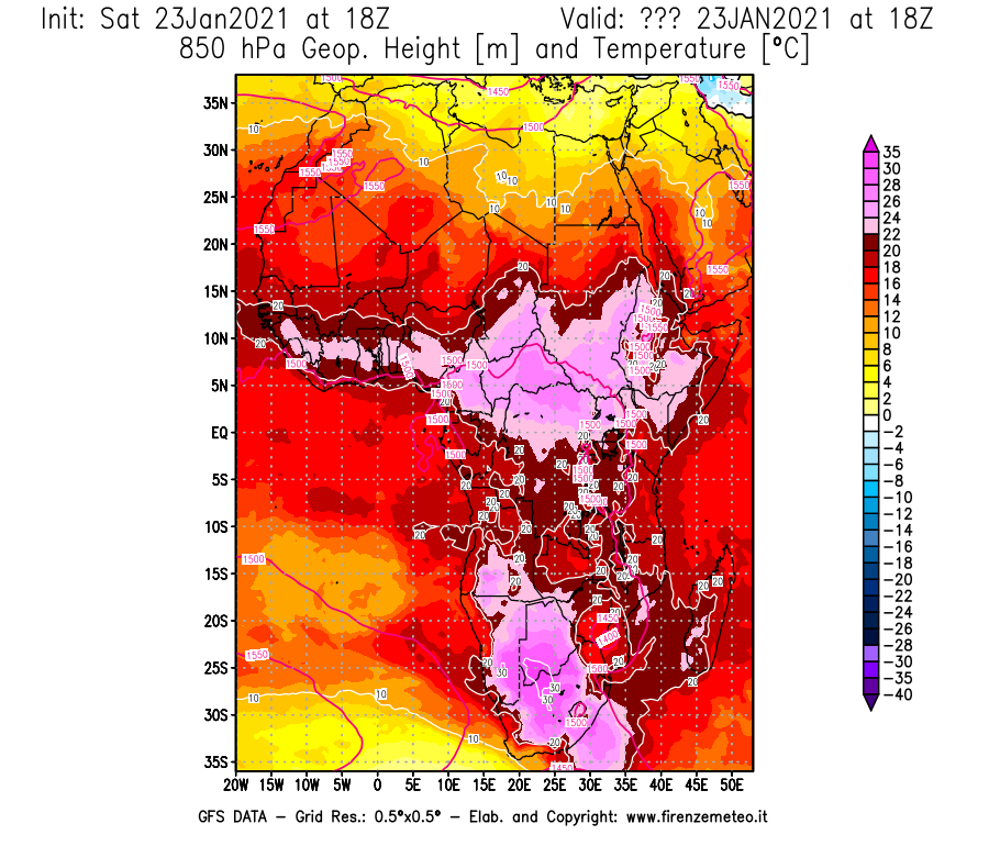 Mappa di analisi GFS - Geopotenziale [m] e Temperatura [°C] a 850 hPa in Africa
							del 23/01/2021 18 <!--googleoff: index-->UTC<!--googleon: index-->